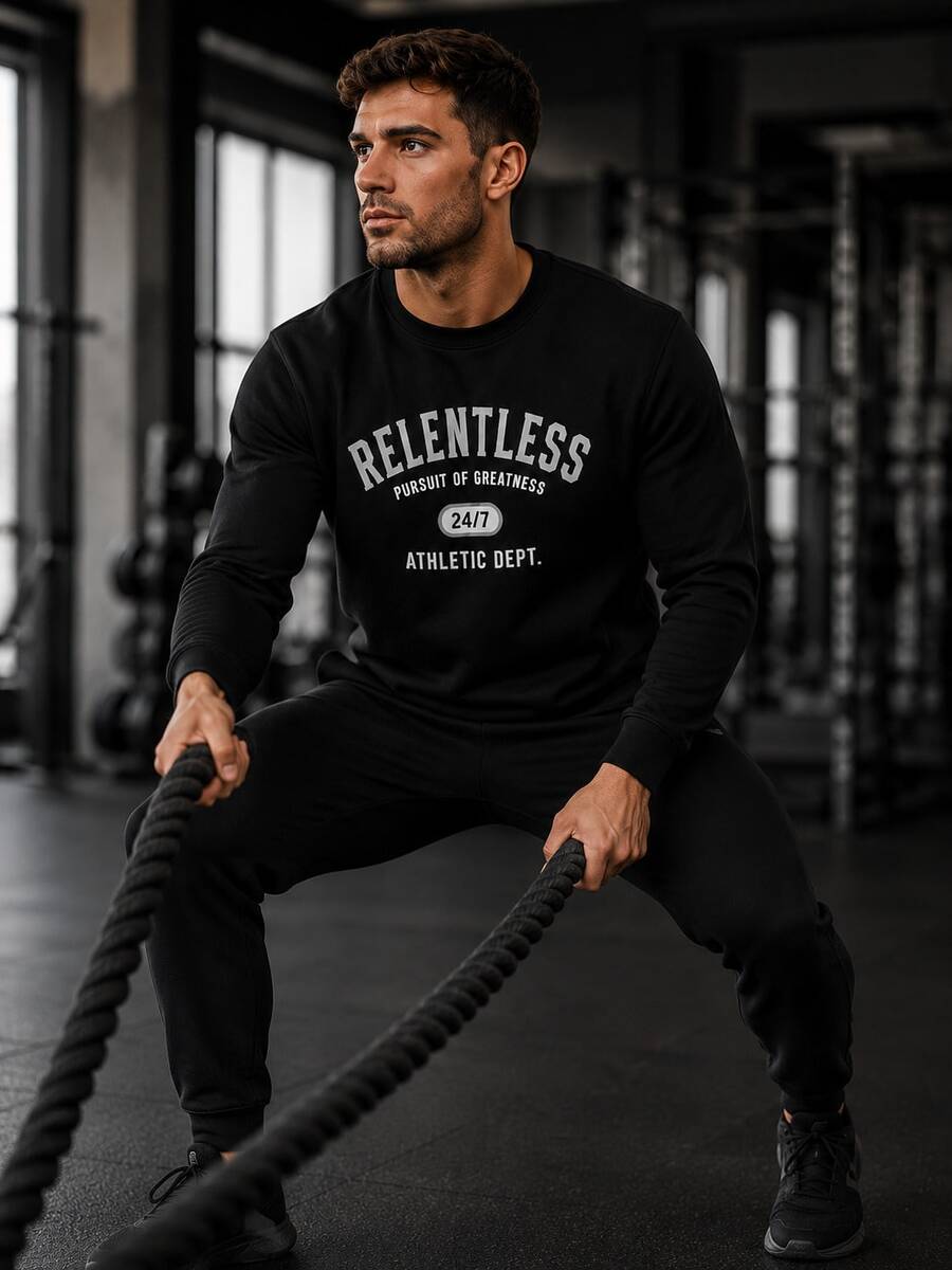 Men's Relentless Sports Team Letter Graphic Crew Neck Sweatshirt, Vintage Slogan Print Loose Fit Long Sleeve Pullover - Black - View 1