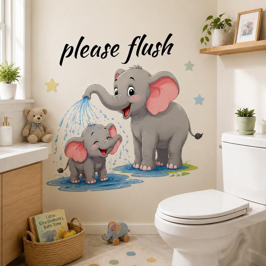 Cartoon Elephant Mother And Baby Bathroom Wall Decal Removable Self-Adhesive Animal Wall Sticker For Kids Room Home Decor - Elephant Family Water Play - View 1