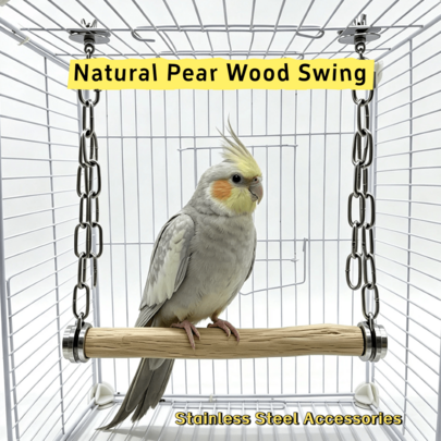 Columpio de madera de pera natural para loro con cadena de acero inoxidable ajustable y clip de fijación, juguete de percha para jaula para ninfa, loro peonía y conure del sol
