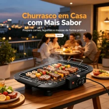 Uma grelha elétrica de bancada preta, 1500W/110V, antiaderente, sem fumaça, com aquecimento uniforme, durável e ideal para churrascos em varandas e residências. - churrasqueira - Visão 3