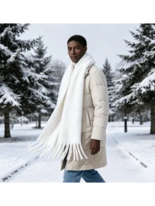 1pc 35*180cm Premium Fashion Elegant Solid Color Tassel Wool Scarf For Women, Casual Windproof Shawl For Autumn/Winter, Suitable For Daily Wear - Milky White - View 3