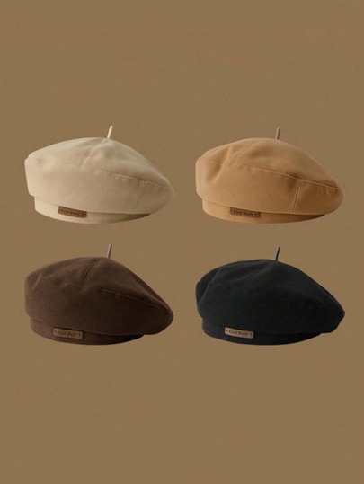 Women Vintage Beret Hat, Soft Solid Color French Style Beret With Hand‑Made Leather Tag, Retro Warm Winter Artist Cap For Holiday Daily Outfit