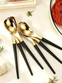 2/4/6pcs Stainless Steel Spoon Set, Reusable Dessert Spoons, Suitable For Home, Restaurant, Afternoon Tea - Gold + Black - View 3