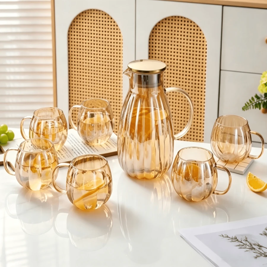 7‑Piece Drinkware Set, Including 1 Pitcher And 6 Cups. Featuring A Large‑Capacity Design With Transparent Texture And A Comfortable Grip. Suitable For Holding Fruit Juice And Tea. Practical And Attractive, Ideal For Home Use And Entertaining Guests. - Multicolor - View 1