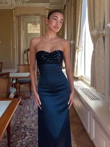 Vestido de Convidada de Casamento Feminino, Vestido de Formatura, Vestido de Noite, Vestido de Verão, Estilo Básico, Elegante, Festa, Romântico, Enfeite Pesado, Convidada de Casamento Outono - Azul Marinho - Visão 2