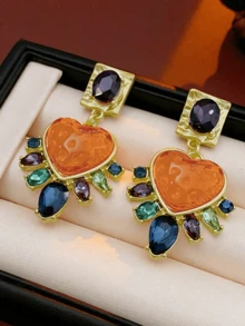 rundraw 2pcs Heart Cubic Zirconia Geometric Square Exaggerated Fashion Metal Multicolor Earrings For Women, Suitable For Party, Banquet, Daily Wear - Multicolor - View 2