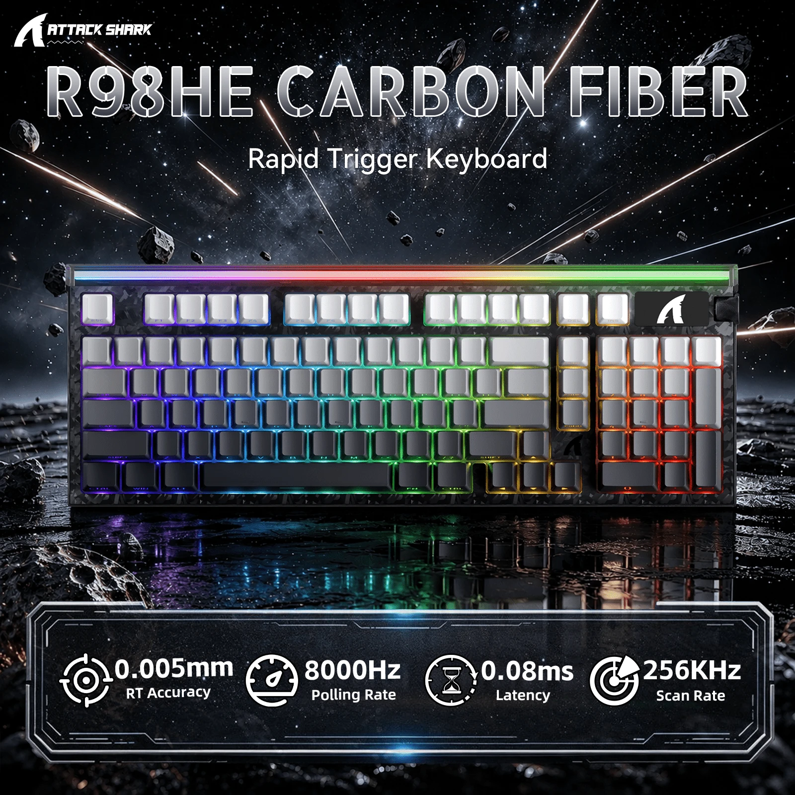 Keyboard Gaming Mekanik ATTACK SHARK R98HE Serat Karbon Berkabel RT, Saklar Magnetik Efek Hall Hot Swap, Tingkat Polling 8KHz, Akurasi RT 0,005mm, Lampu Latar RGB, Driver Web untuk PC Mac Gamer Esport - View 1