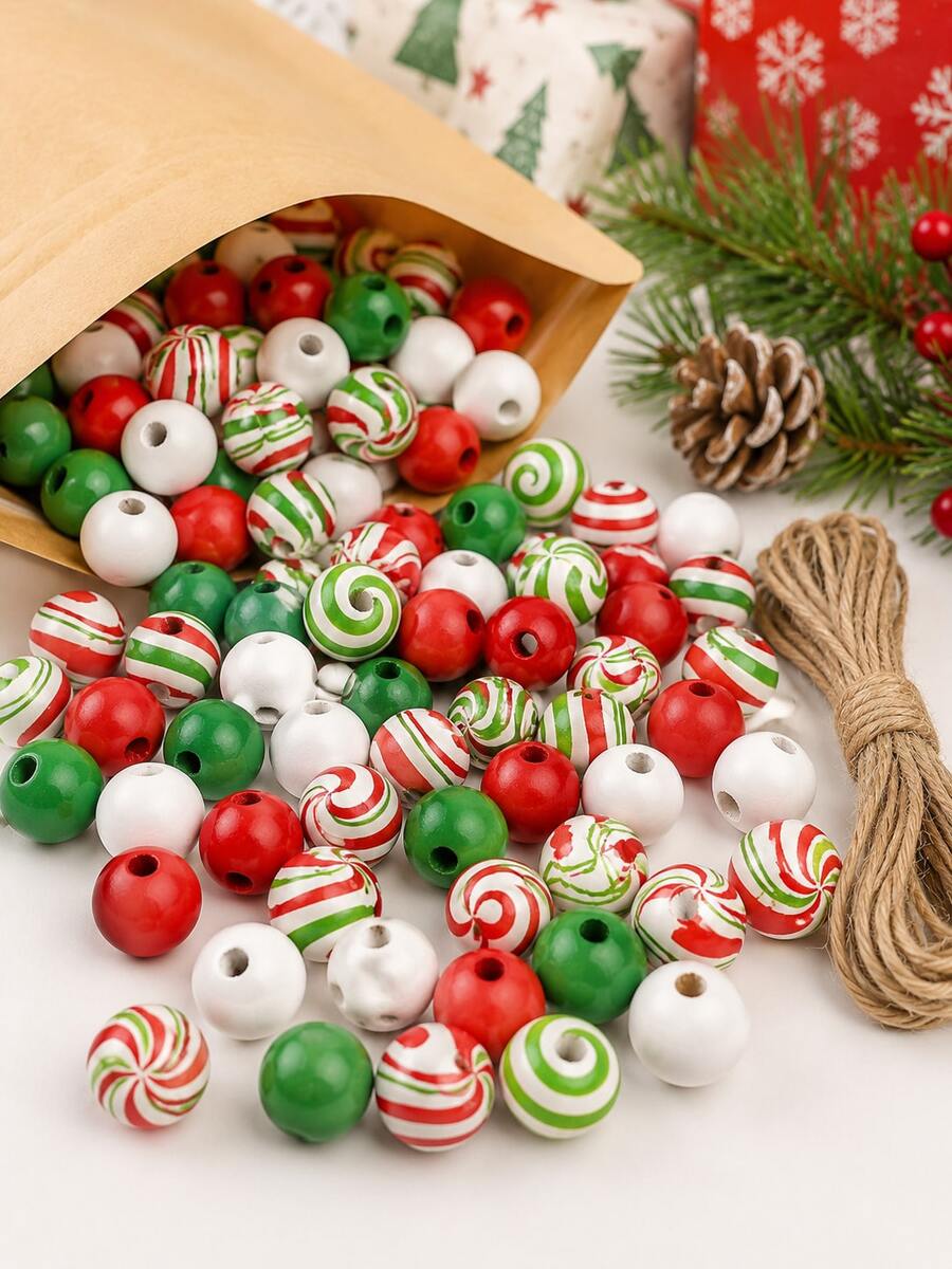 105pcs Christmas Wooden Beads Set (Includes Jute Rope) - Red, Green, White Three-Color Mint Candy Shaped Round Wooden Beads, Suitable For DIY Wreaths, Tiered Tray Decor And Handmade Crafts - Multicolor - View 1