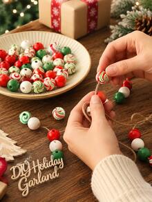 105pcs Christmas Wooden Beads Set (Includes Jute Rope) - Red, Green, White Three-Color Mint Candy Shaped Round Wooden Beads, Suitable For DIY Wreaths, Tiered Tray Decor And Handmade Crafts - Multicolor - View 3