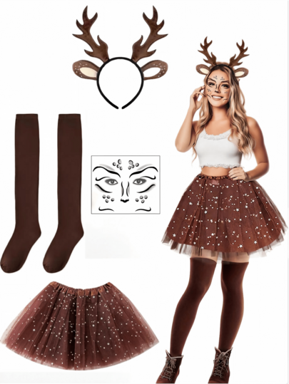 Juego de 4 piezas de disfraz de reno navideño para mujer, incluye diadema con astas de ciervo, falda de ballet marrón, calcetines y pegatinas faciales, accesorios de atuendo completo, adecuado para fiesta de Navidad, fiesta de disfraces, carnaval y fiesta temática, Halloween