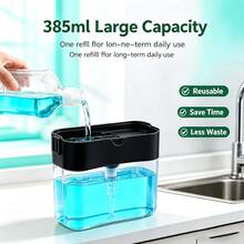 1Pc 385ml PP Plastic Kitchen Soap Dispenser Set, Transparent Visible Press‑Auto Detergent Box With Free Sponge, Refillable Reusable For Dishes Pots Sink Home Dorm Kitchen Cleaning - Durable Version - View 7