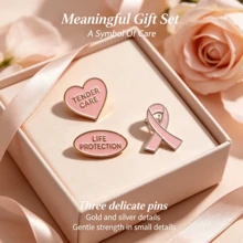 Pink Ribbon Enamel Brooch, Gold Tone Heart & Oval Lapel Pin, Tender Care Life Protection Awareness Badge For Women Clothing Decor Gift - Multicolor - View 1