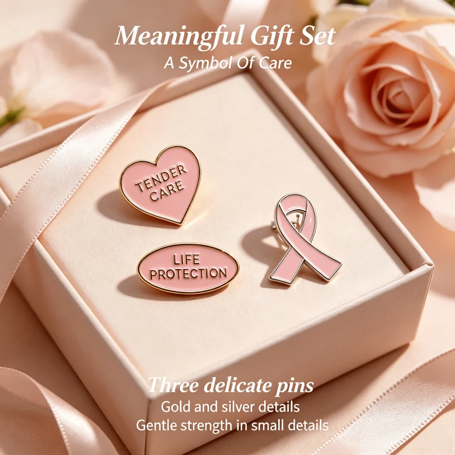 Pink Ribbon Enamel Brooch, Gold Tone Heart & Oval Lapel Pin, Tender Care Life Protection Awareness Badge For Women Clothing Decor Gift - Multicolor - View 1