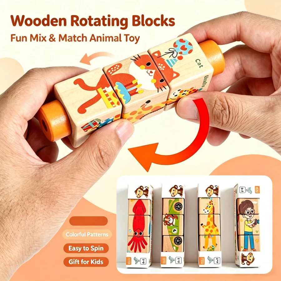 1 Set Rotating Puzzle Wooden 3D Interlocking Blocks, Ocean Animals & Transportation, Early Education Hand-Eye Coordination Educational Assembly Toy For Kids