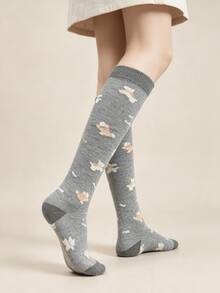 1 Pair Grey Soft Cute Animal Print Comfortable Calf Socks - Multicolor - View 4