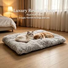 Plush Rectangular Pet Bed With Raised Rim, Dog Bed, Cat Bed, Soft Warm Long-Fur Sleeping Mat For Cats And Dogs, Cozy Indoor Cushion In Multiple Sizes - Khaki - View 3