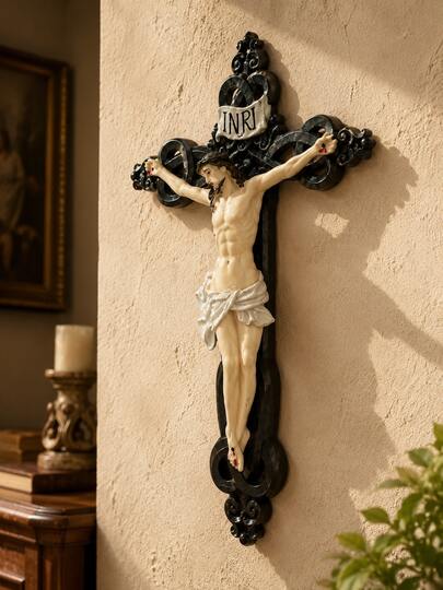 1PC Vintage Resin Jesus Crucifix Cross Wall Decor, Ornate Baroque Christian Catholic Religious Wall Hanging, INRI Cross For Prayer Room, Bedroom, Living Room, Church, Housewarming Gift