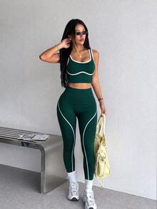 2pcs Women's Sports Set, U-Neck Backless Minimalist Black & White Striped Sports Tank Top & Yoga Bra Top & Pants, Iron Fitness Outfit - Dark Green - View 3