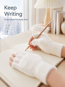 Women's Fleece Lined Half Finger Gloves, Warm Knitted Half Finger Gloves With Ribbed Cuffs, Suitable For Autumn And Winter, Open Finger Design Convenient For Typing, Writing And Learning, Office And Travel Accessory, Women's Christmas Gift - Multicolor - View 8