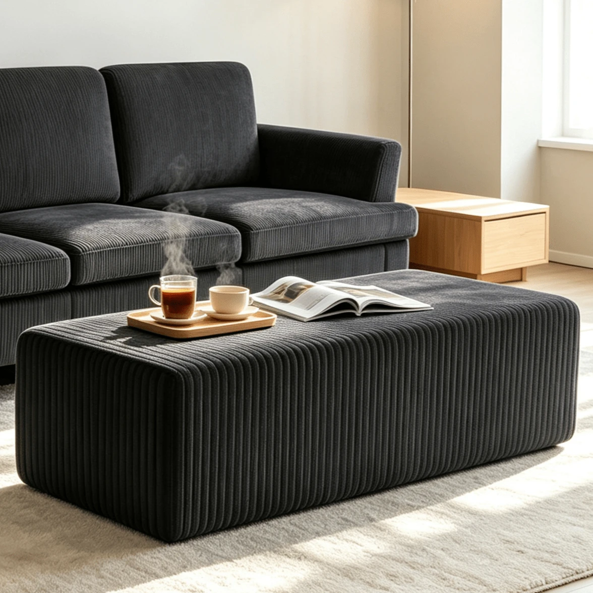 ATOMHOME Only Ottoman! Sofa Ottoman, Upholstered Corduroy Cloud Ottoman For Sofa Couches, Modern Boneless Ottoman Bench End Of Bed Bench, Oversized Sectional Sofa Footrest, Minimalist Rectangle Coffee Table For Living Room Bedroom Entryway, Room Deocr, Black - Black - View 1