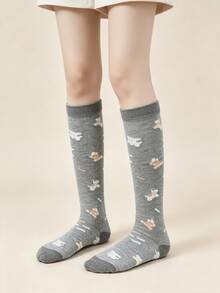 1 Pair Grey Soft Cute Animal Print Comfortable Calf Socks - Multicolor - View 1