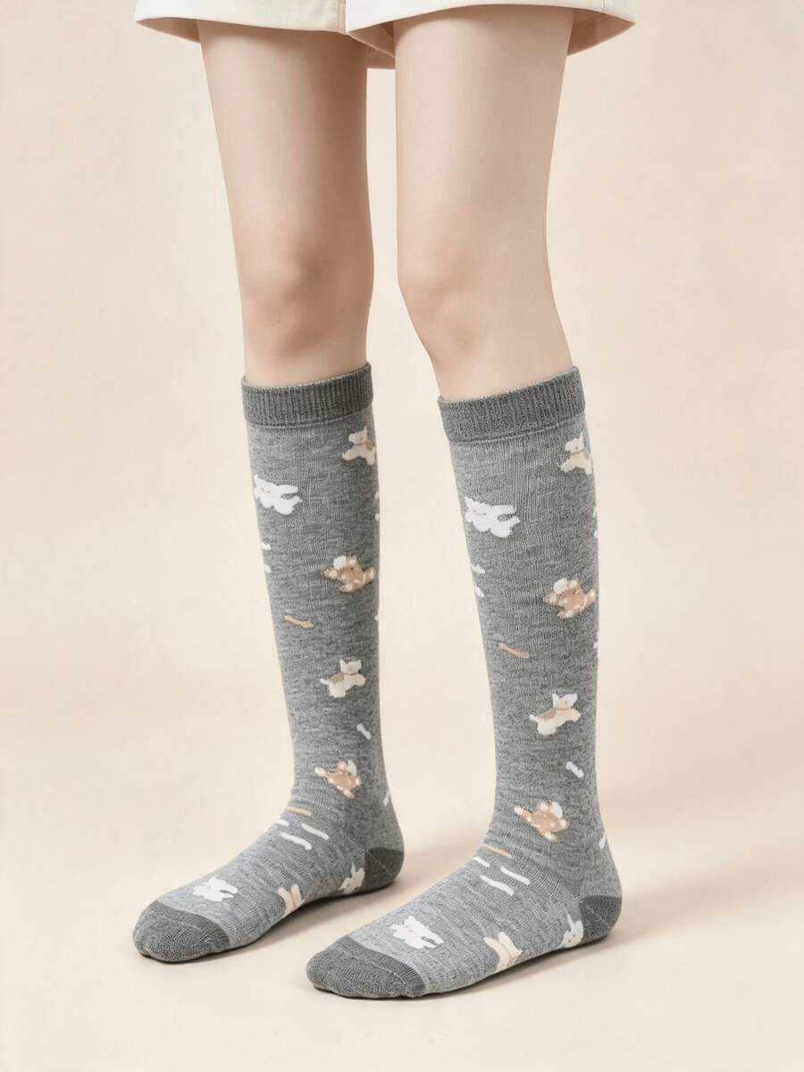 1 Pair Grey Soft Cute Animal Print Comfortable Calf Socks - Multicolor - View 1