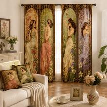 2pcs Retro Beauty Printed Filter Curtains, Pole Pocket Curtains, Suitable For Living Room, Bedroom, And Home Decoration. Classical Beauty Room Decoration - Multicolor - View 10