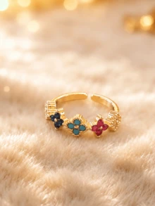Set Cincin Terbuka Minimalis Emas Znice, Gaya Wanita, Cincin Bunga Besar Sederhana & Daun Semanggi Empat Kelopak dengan Berlian Imitasi Berwarna-warni, Perhiasan Minimalis Hipoalergenik, Hadiah Natal Sempurna, Aksesori Perjalanan & Liburan - Emas - View 4