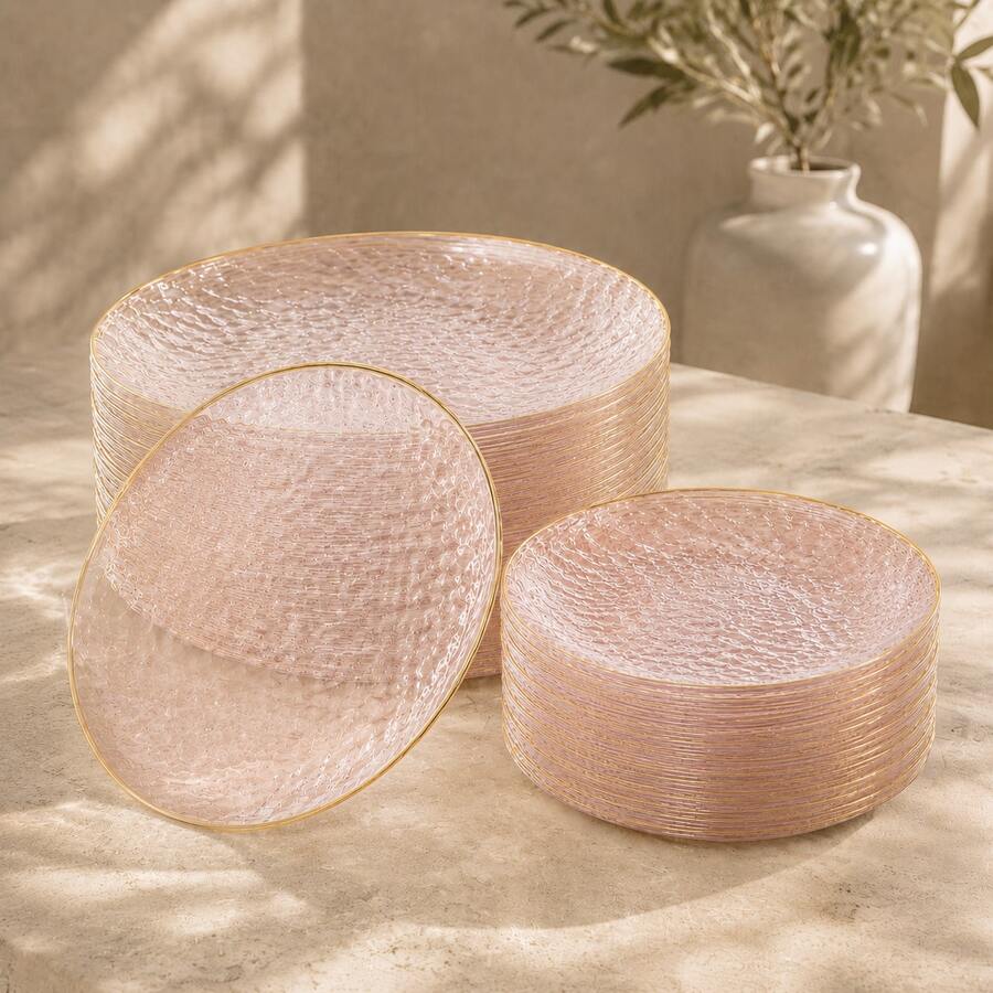 Set Piring Transparan Pink Berbingkai Emas 50/25/20/10pcs, Ukuran 7,5 Inci/10,25 Inci, Piring yang Dapat Digunakan Kembali, Nampan Makanan, Piring Buah dan Camilan, Piring Hidangan Penutup dan Salad, Nampan Keju dan Permen, Peralatan Makan Serbaguna untuk Pesta, Pernikahan, Ulang Tahun, Piknik, Acara Liburan, Mudah Dibersihkan, Cocok untuk Penataan Meja Elegan di Rumah dan Acara - View 1