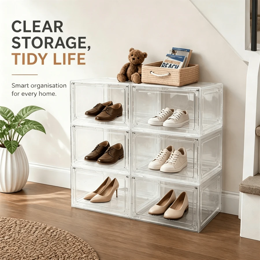 6 Pack Clear Hard Plastic Shoe Storage Boxes, Stackable Dustproof Shoe Organiser Containers For Sneakers Heels Trainers, Closet Bedroom Hallway Storage - View 1