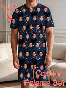 A Custom-Face Printed Pajama Set Making It An Ideal Gift For Your Boyfriend Or Girlfriend-Perfect For Anniversaries, Birthdays, And Various Holidays. - Navy Blue - View 4