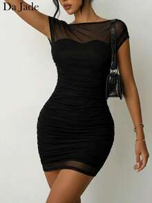 Women French Boat Neck Cap Sleeve Mesh Splice All‑Over Ruched Bodycon Mini Dress Night Out Party Club Gathering Brunch Chic Glam Eye‑Catching - Black - View 6