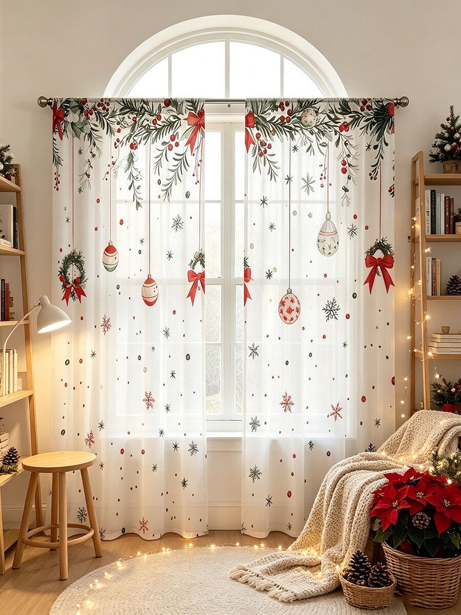 2PCS Christmas Print AB Sheer Curtains, Rod Pocket, Polyester, Home Decor, Window Drapes, Bedroom Living Room, Kitchen - Multicolor - View 1