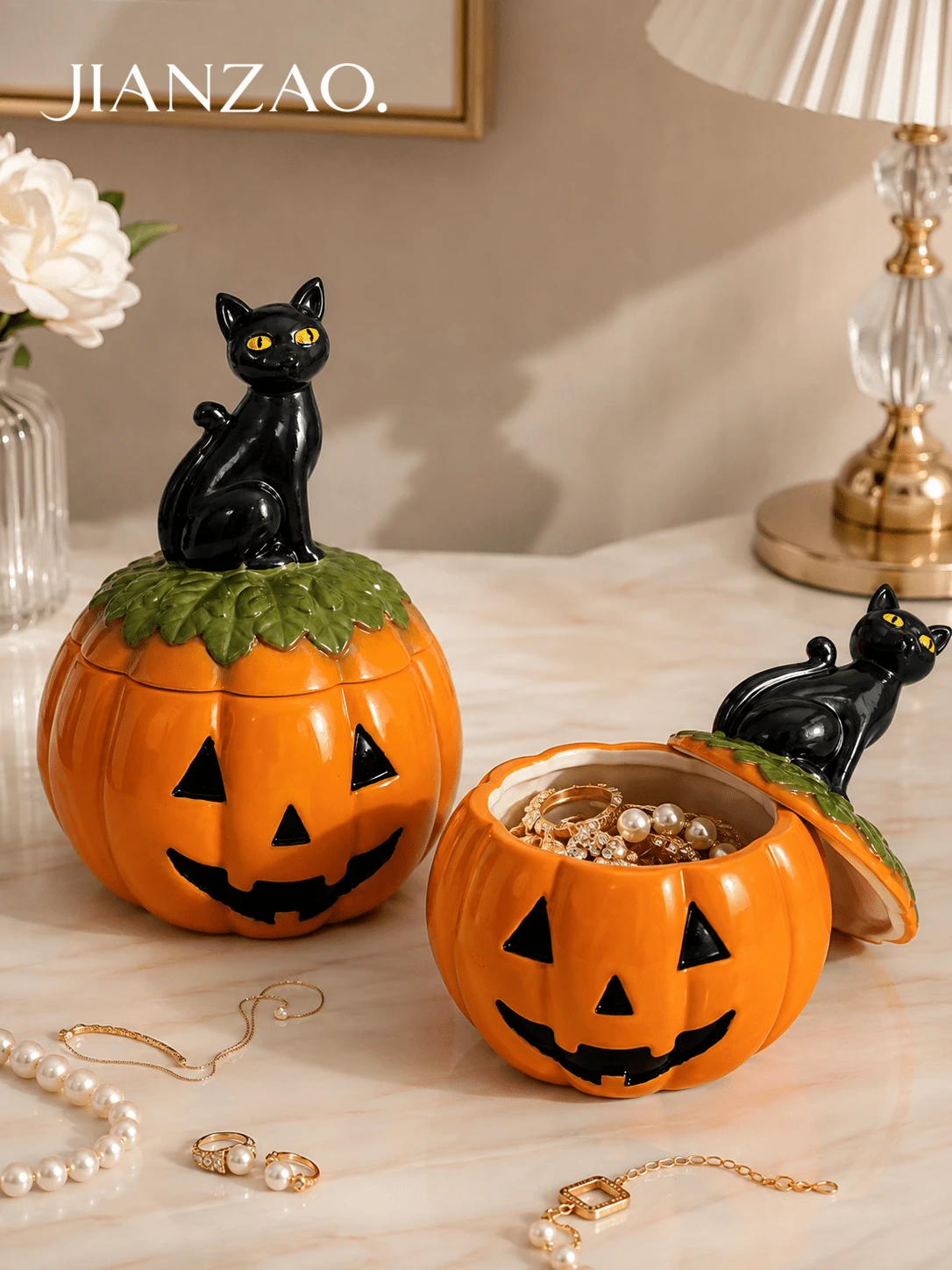 1pc Halloween Pumpkin Storage Jar With Black Cat Lid, Jack-O'-Lantern Decorative Jewelry Box For Candy, Rings, Necklaces, Home Desktop Holiday Decor - Pumpkin Cat Storage - View 1