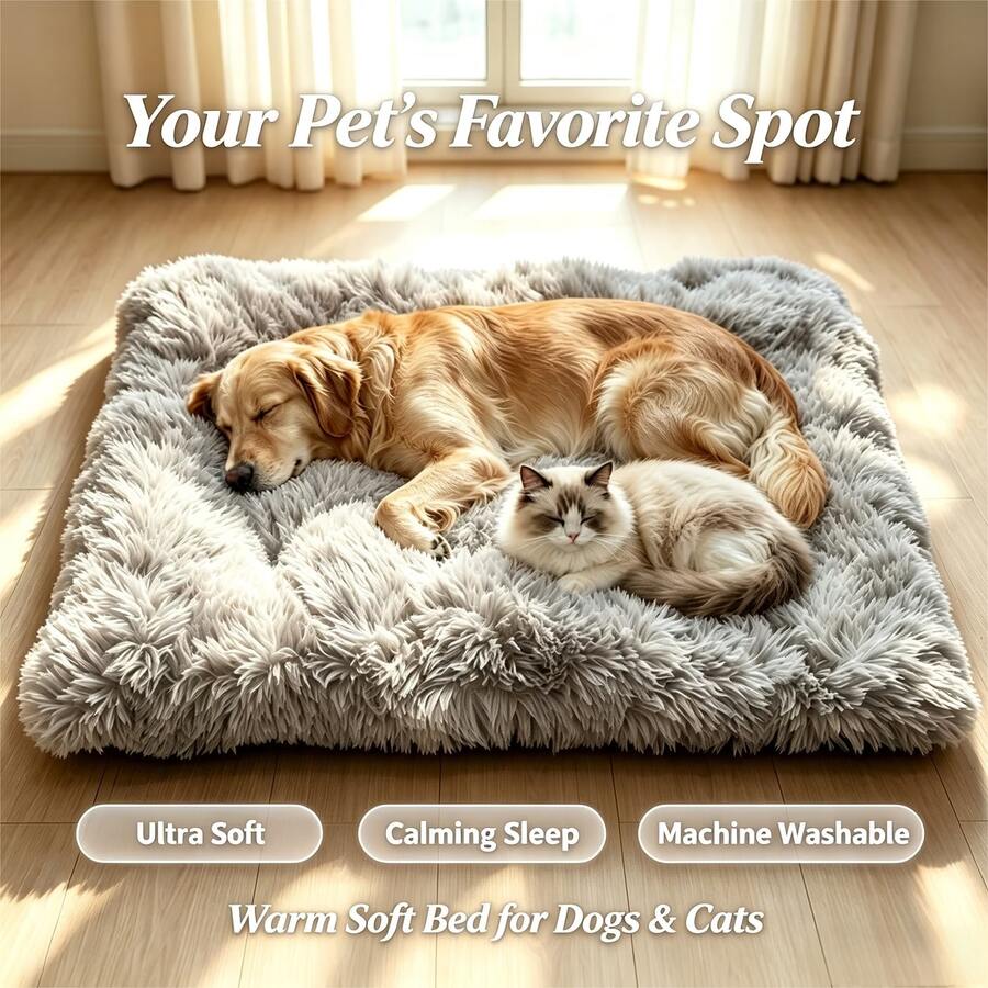 Plush Rectangular Pet Bed With Raised Rim, Dog Bed, Cat Bed, Soft Warm Long-Fur Sleeping Mat For Cats And Dogs, Cozy Indoor Cushion In Multiple Sizes - Khaki - View 1