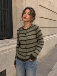 Women's Knit Button Front Long Sleeve Striped Cardigan Vintage Round Neck Fall Winter Sweater Top - Green - View 2
