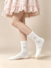 1/5 Pairs Blue & White Floral Cute Puppy Bow Mid-Calf Socks - Multicolor - View 3