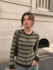 Women's Knit Button Front Long Sleeve Striped Cardigan Vintage Round Neck Fall Winter Sweater Top - Green - View 5