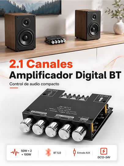Módulo amplificador digital de 2.1 canales - Placa amplificadora de alta fidelidad con control de graves y agudos, salida de subwoofer, módulo de audio compacto adecuado para proyectos de altavoces DIY