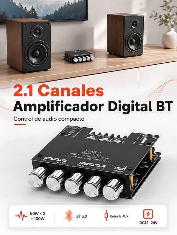 Modul amplificator digital 2.1 canale - Placă amplificator de putere high-fidelity cu control pentru bas și înalte, ieșire pentru subwoofer, modul audio compact potrivit pentru proiecte DIY de boxe