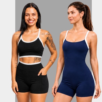 KIT Contraste 3 Pçs Feminino Top e Bermuda Cintura Alta + Macaquinho Modelador Academia Treino Zero Transparência Caminhada Academia