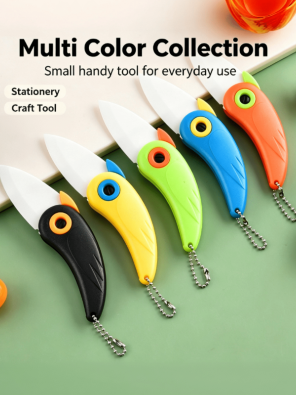 Cute Cartoon Parrot Shaped Folding Ceramic Craft Cutter, Portable Mini Multi‑Functional Stationery Cutting Tool, Unisex DIY Scrapbooking Hobby Supplies With Keychain