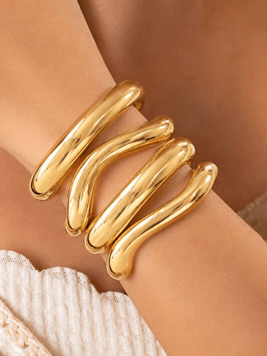 4PCS/1PC Women's Acrylic Bangle Set, Open Bangle Set, Elegant Fashion Design, Lightweight Open Style, Suitable For Daily Wear And Special Occasions, Fashion Bangle Set - Yellow Gold - View 1