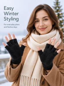 Women's Fleece Lined Half Finger Gloves, Warm Knitted Half Finger Gloves With Ribbed Cuffs, Suitable For Autumn And Winter, Open Finger Design Convenient For Typing, Writing And Learning, Office And Travel Accessory, Women's Christmas Gift - Multicolor - View 4