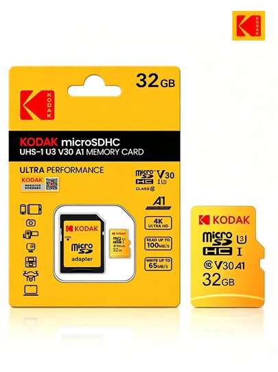Kodak بطاقة MicroSD عالية السرعة كلاسيكية بسعة 32/64/128/256 جيجابايت مع غطاء بطاقة: بطاقة تخزين مخصصة للكاميرا، أداء معزز بمعايير U3 V30 A1، سرعة قراءة عالية تصل إلى 95 ميجابايت/ثانية، متوافقة مع أنظمة المراقبة الذكية/الكاميرات/كاميرات تسجيل القيادة وغيرها من الاستخدامات المتعددة