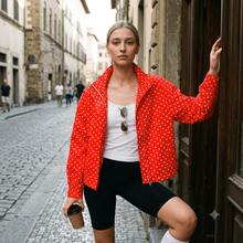 Vintage Red Polka Dot High Neck Drawstring Short Jacket Long Sleeve Loose Casual Outerwear Summer - Red - View 2