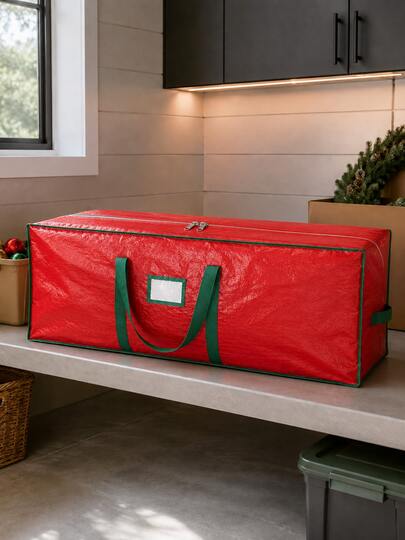 1 Peça Bolsa de Armazenamento de Árvore de Natal Dobrável à Prova de Umidade em Tecido PE Trançado de Grande Capacidade L/XL, Estilo Natalino Vermelho & Verde, Formato Retangular com Zíper Duplo no Top Central, Alça, Janela de Etiqueta, Organizador de Armazenamento para Árvore de Natal Artificial, Adequado para Casa, Garagem, Sótão, Armazenamento Sazonal Após o Natal