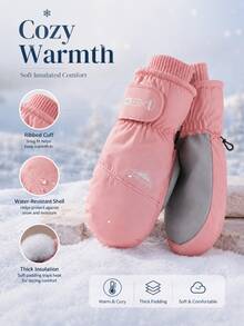 Winter Ski Gloves, Casual Outdoor Style, Multi-Color, Windproof Waterproof Thickened Fabric, Mountain Letter Print, Adjustable Hook And Loop Cuff, Warm Anti-Slip With Hanging Loop, Suitable For Skiing, Snow Play, Hiking And Winter Outdoor Use - Multicolor - View 5