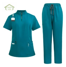 CAMEL JOE Uniforme de Trabajo para Hombre y Mujer, Conjunto Médico con Bolsillos, Diseño Cómodo y Ligero para Clínica y Estética,Uniforme Enfermera Femenina Pantalones Filipinos Cuello Alto - Verde Oscuro - Ver 2