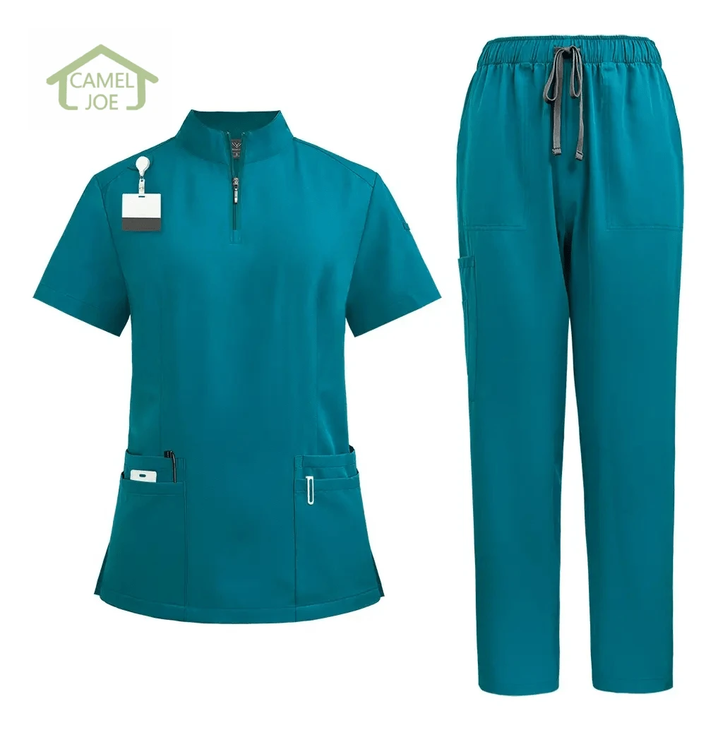 CAMEL JOE Uniforme de Trabajo para Hombre y Mujer, Conjunto Médico con Bolsillos, Diseño Cómodo y Ligero para Clínica y Estética,Uniforme Enfermera Femenina Pantalones Filipinos Cuello Alto